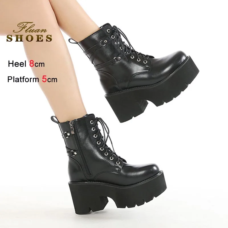

New Black Women Short Boots Round Toe Lace Up Thick Soled Shoes Fashion Rivet Coarse Heel Ankle Boots Autumn Casual Knight Boots