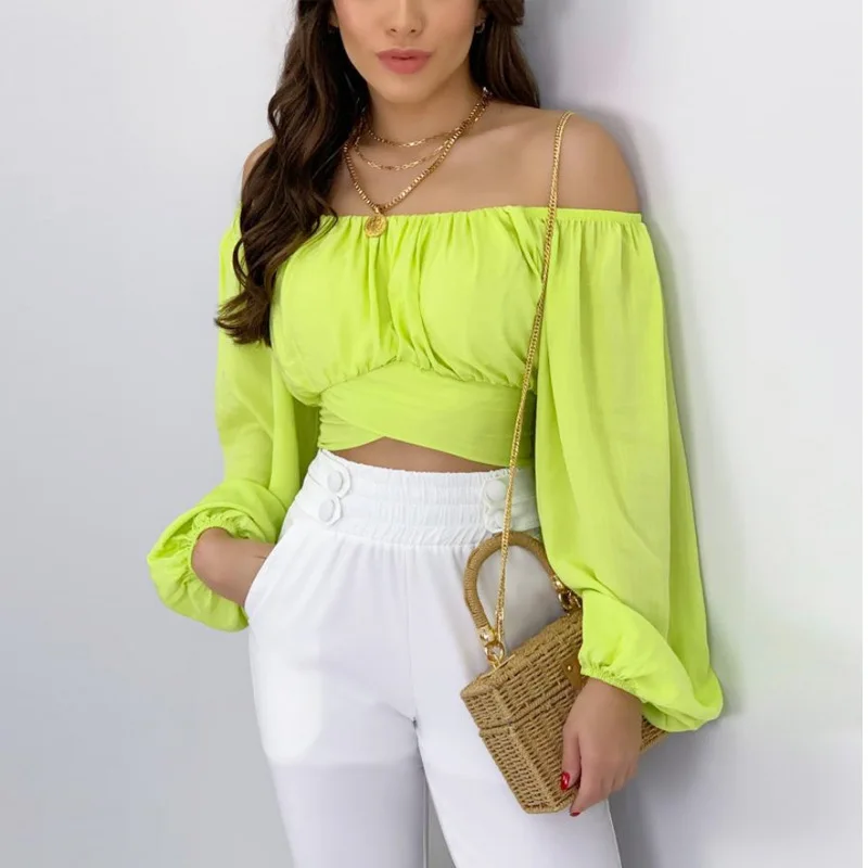 

In Stock European and American New Top Women's Solid Color Exposed Navel Sleeve off--Neck Lacing Women's Clothin