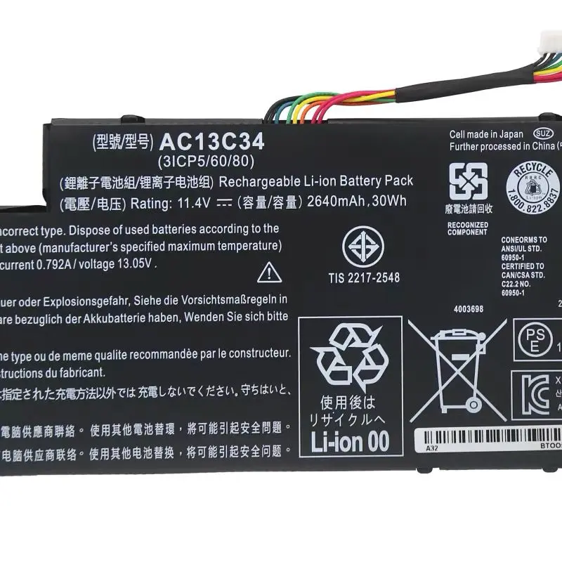 AC13C34 Laptop Battery for Acer Aspire V5-122P V5-132 E3-112 E3-111 ES1-111M MS2377 KT.00303.005 31CP5/60/80 11.4V 30Wh/2640mAh