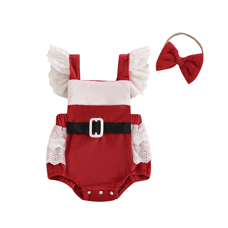 Комбинезоны для новорожденных девочек, Рождественская одежда, кружевные лоскутные комбинезоны с рукавами-мушками для младенцев, комплект с повязкой на голову для 0-24 месяцев