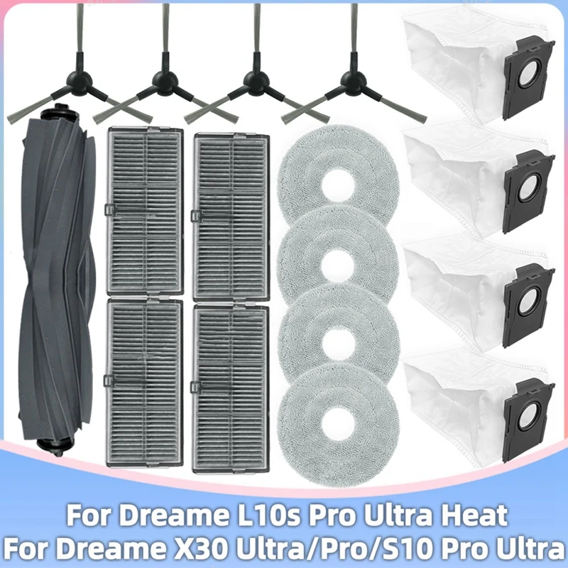 17PCS for Dreame L10s Pro Ultra Heat/X30 Ultra/X30 Pro/S10 Pro Ultra Vacuum Parts Roller Side Brush Filter Mop Dust Bag