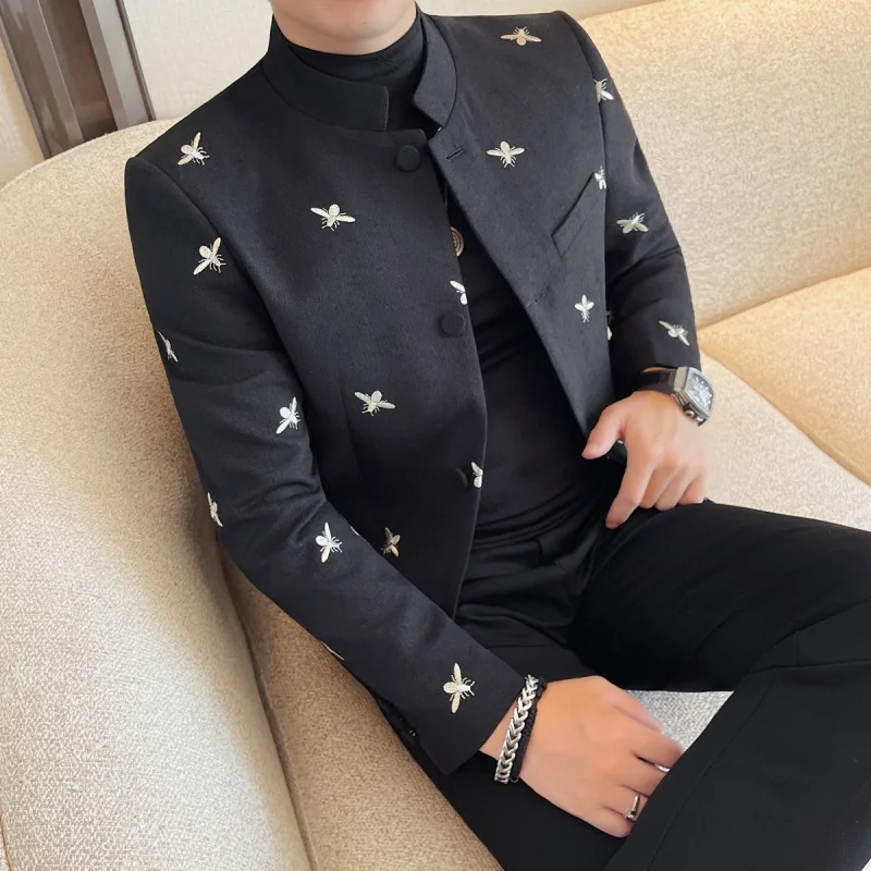 

Embroidered Men's Suit Jaet S Size Korean Sle ort Tall Versatile Trendy Stand Collar Western Clothes Casual Polyester F...