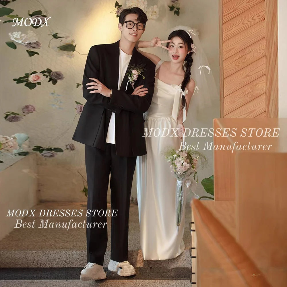 

MODX Elegant White Satin Korean Wedding Dress Spaghetti Straps Bridal Gown Floor Length Vestidos Novias Boda Women Customized