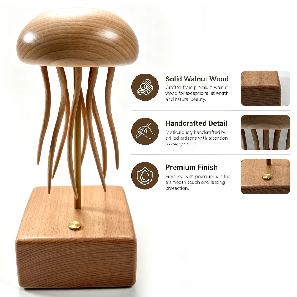 1PCS Handcrafted Wooden Jellyfish Automaton | Machinery Jellyfish Automata Sculpture with Moving Tentacles