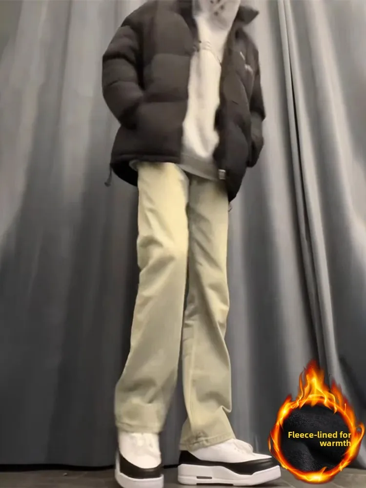 

Men's Fce Lined Slim Fit Denim Jeans Yellow Mud Color American High Street Sle Winter Trendy Straight Leg Pants