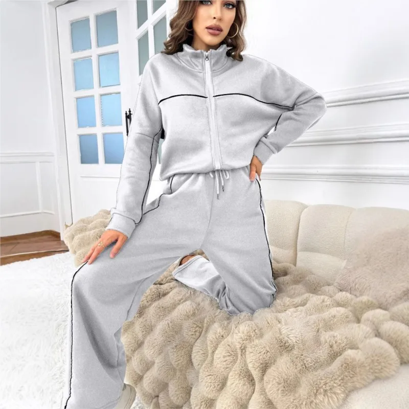 2024 New Casual Suit Long-sleeved Half Turtleneck Cardigan Lace-up Striped Pants Women\'s Casual Sports Suit Two-piece Set