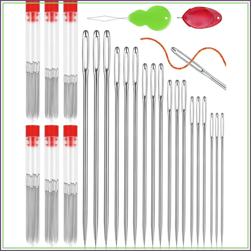 

60 PCS Steel Needles for Hand Sewing, Large Eye Sewing Needles Set with 6 Sizes, Stainless Steel Hand Quilting & Leather Embroidery Needles Includes Threaders