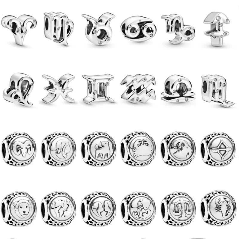 

2025 New 925 silver Sparkling Aries Leo Scorpio 12 Zodiac Signs Constellation Charm Beads Fit Bracelet diy Jewelry Matching bead