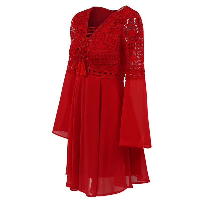 Vestido corto con volantes para mujer, minivestido Blanco, Negro, Rojo, manga larga, Color sólido, gasa de retazos, cuello en V Delgado, primavera y verano