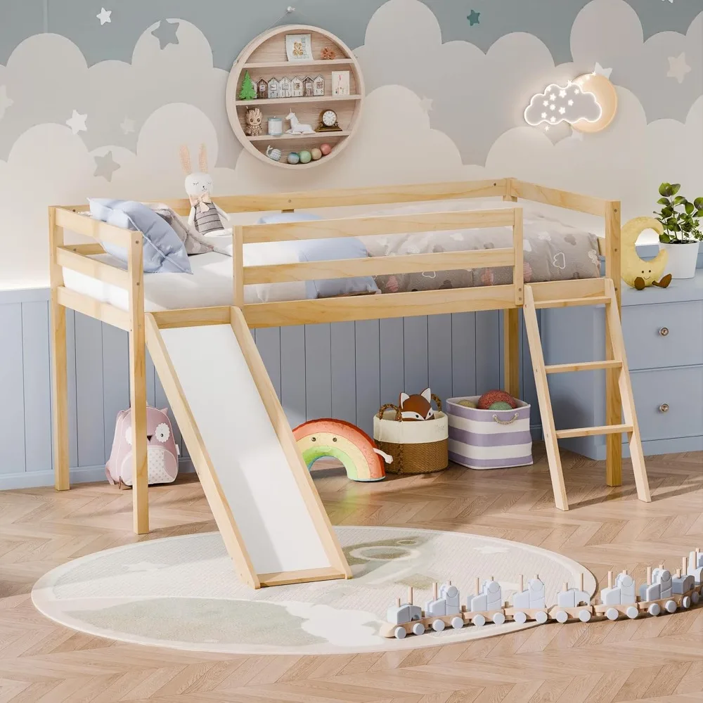 Twin Loft Bed with Slide and Ladder, Solid Pine Wood Bed Frame, with Storage Space, Low Height, Interchangeable Ladder & Slide