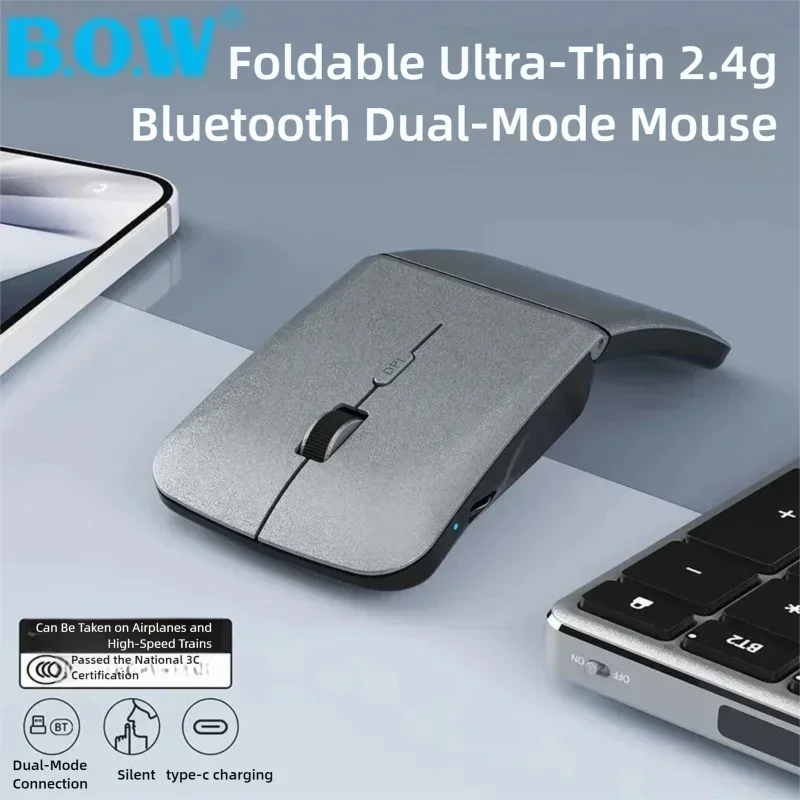 Foldable Dual Mode Wireless Mouse 2.4G Bluetooth Type-C Rechargeable Silent Ergonomic Ultra Slim Office Mouse for Mac/iPad/PC
