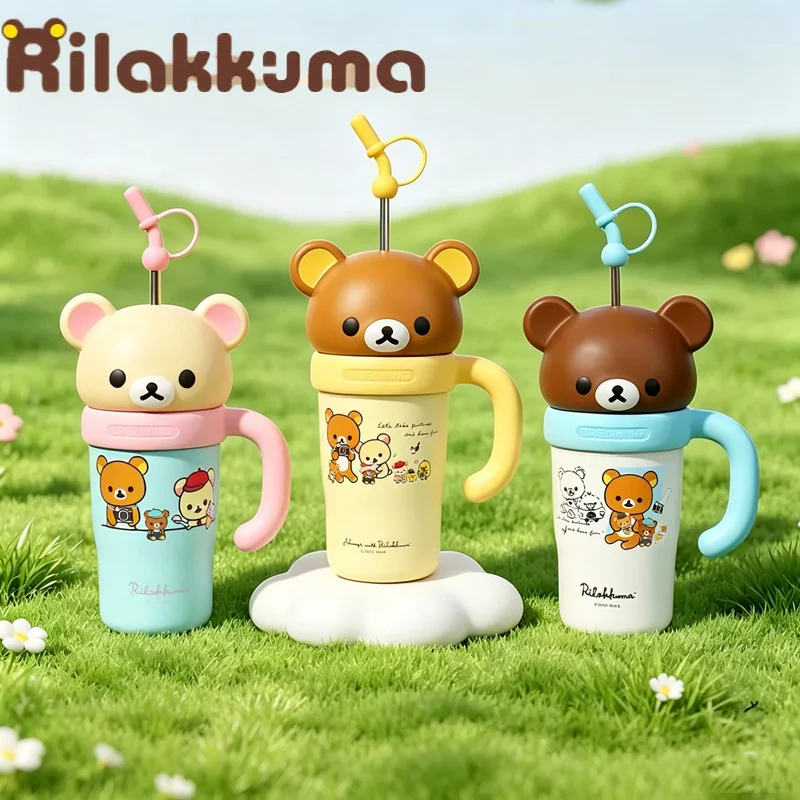 Kawaii Rilakkuma Ton Ton Cup 830ml Super Large Capacity Water Cup Portable Cartoon Bear Drinking Straw Cup Anime Peripheral Gif