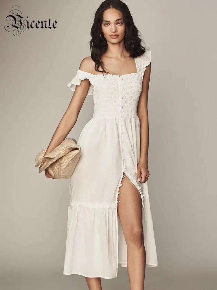

VC Casual Floral Square Neck Flutter Sleeve Button Design Midi Dress for Vacations Picnic Summer Gown