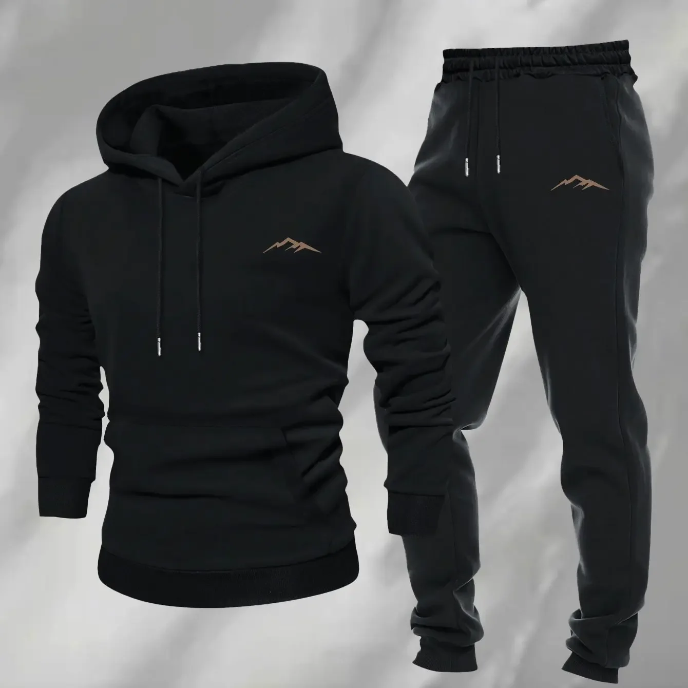 Men's 2‑Piece Tracksuit, Minimal Mountain Small Print Hoodie & Drawstring Jogger Pants Set, Casual Autumn‑Winter Sports Outfit