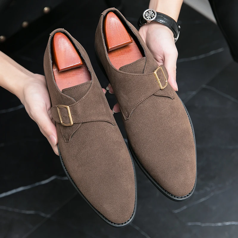 Men  New Pointed European Gentlemen  Casual Leather Shoes with Side Metal Buckle Hard Bottom Anti slip Black Brown Sizes 38-46 F