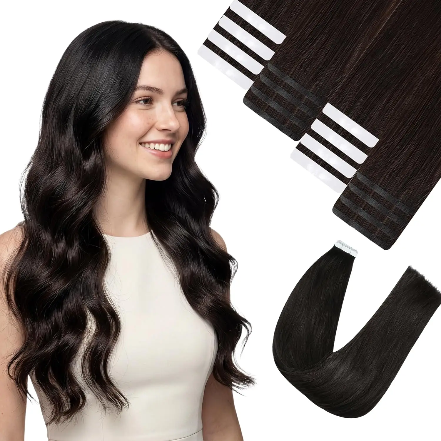 

Накладные волосы на лентах, 100% натуральные, черные, прямые, 40 г, для женщин, 20 шт. # 1B Натуральный черный, 24 дюйма)