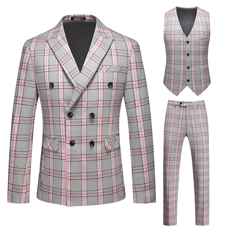 

High-end Elegant Pink Striped Men's 3 Pieces Suits （ Blazers Jacket Pants Vest ） Wedding Business Double Breasted Men Suit Sets