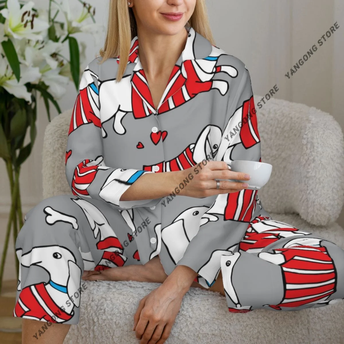 

Spring and Autumn Long Sleeve Pants Pajamas Loungewear Set Dog Dachshund In Cardigan Women's Pull Edge Loose Sleeping Suit