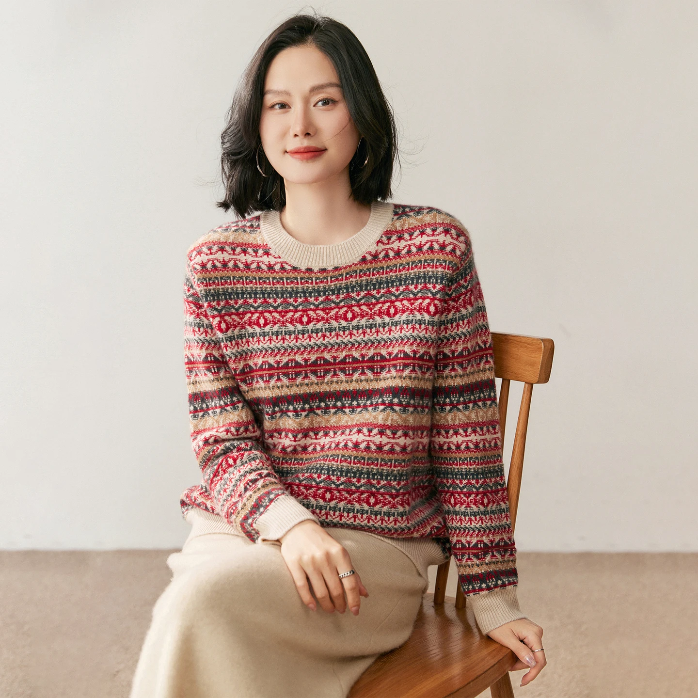 Women 100%Pure Cashmere Jacquard Sweater Winter O-Neck Color Matching Thick Pullovers Stripe High-End Loose Large Size Knit Tops