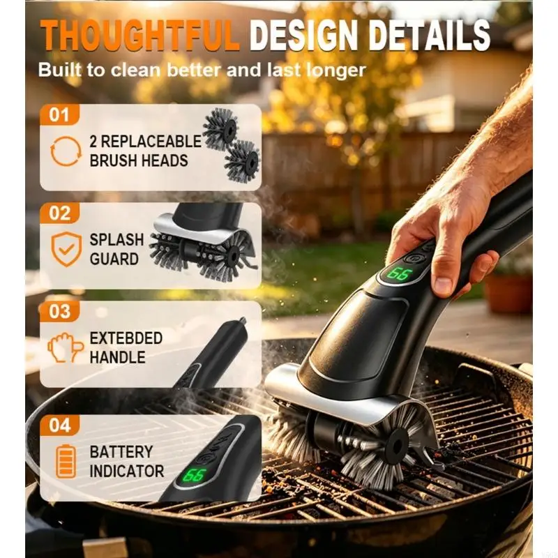 Electric Cooking Rack Brush Rechargeable Handheld Tool for Barbecue Washing, Family Meal Follow Up and Rack Care Y5GB