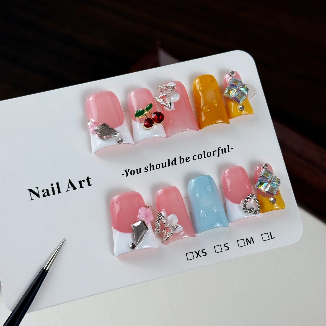 10pcs High-end Cute cartoon style, hand-drawn three-dimensional butterfly, hearts, flashing square diamonds handmade fake nails