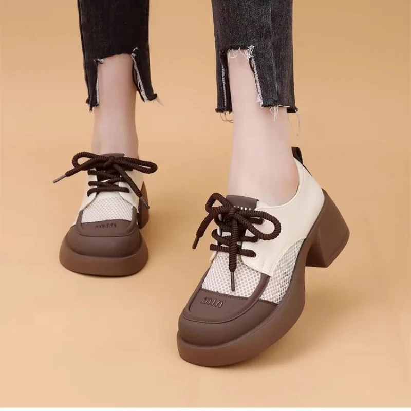 Women Chunky Platform Pumps Female Spring Pu Leather High Heels Loafers Woman Round Toe Lace Up Breathable Hollow Single Shoes