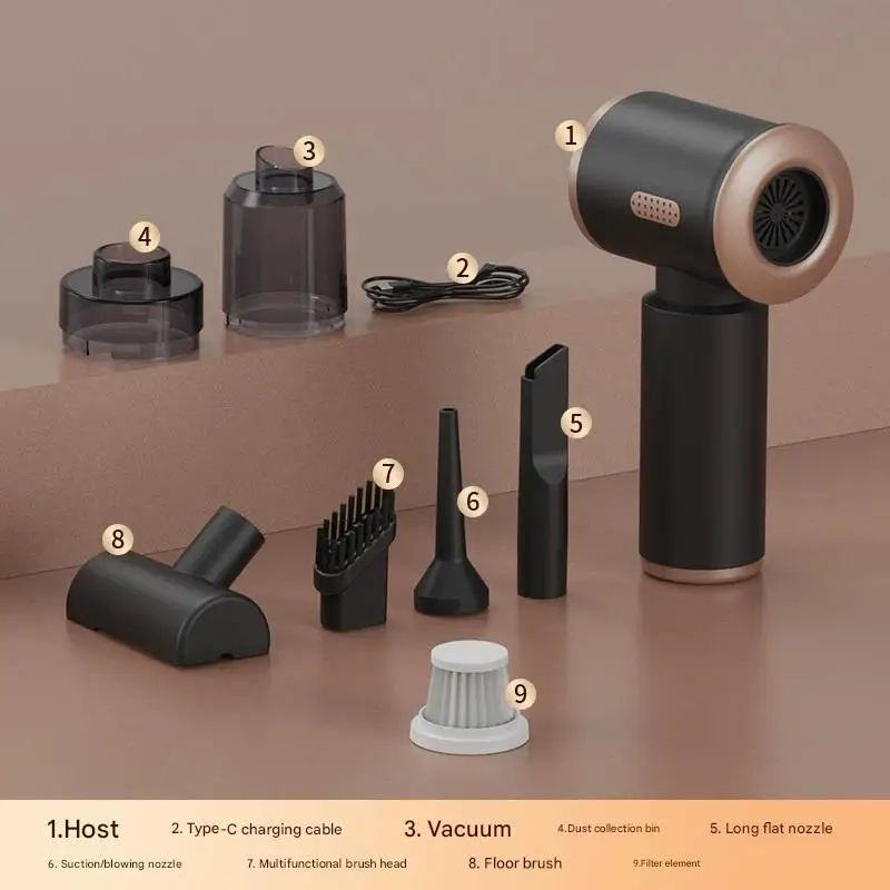 HEPAフィルター付きポータブルコードレスハンドヘルド掃除機、車用強力吸引、充電式、アクセサリー6個、ブラック