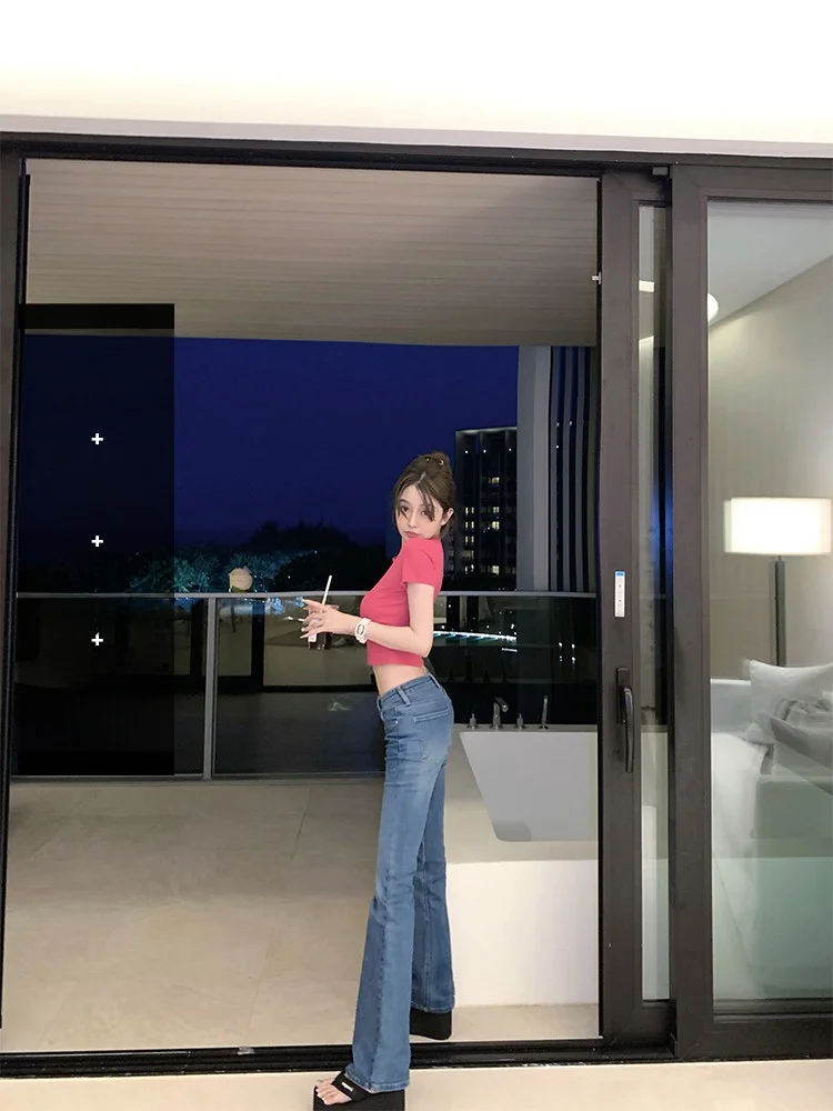 

Джинсы с низкой талией, выцветшие, в корейском стиле, весна-лето, модные женские джинсы, слегка расклешенные, элегантные