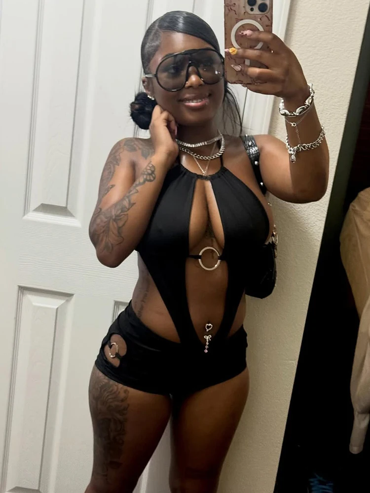 

Kliou Sexy Hollow Design Playsuits Woman Metal Rings Patchwork Lace-Up Halter Backless Skinny Peach Hip Hot Girls Wild Rompers