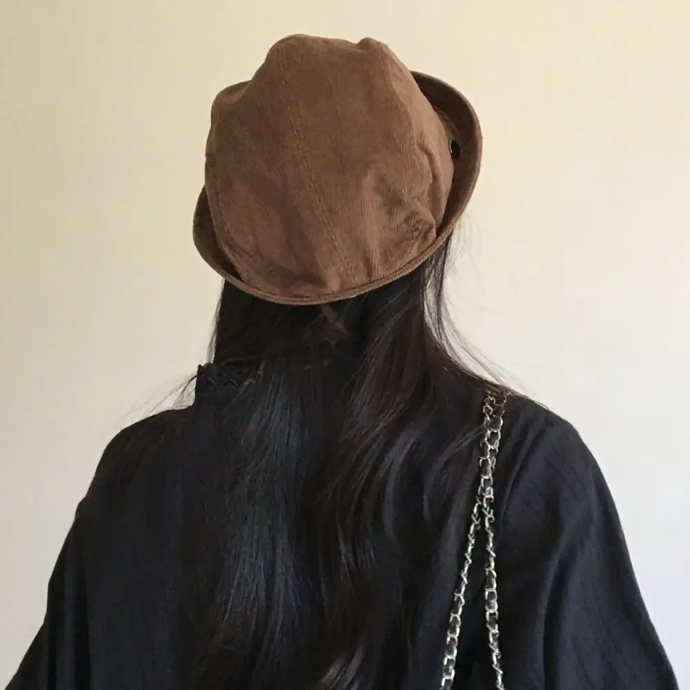 

Fashion Wide Brimmed Corduroy Bucket Hat Retro Vintage Solid Color Fisherman Caps Casual Warm Warm Basin Hat Female Lady