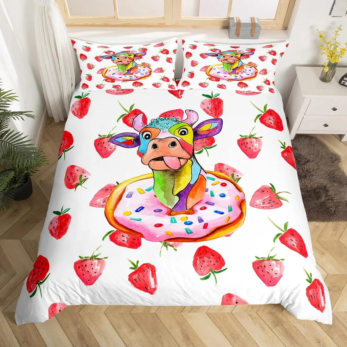 Kawaii Donuts Duvet Cover,Kids Sweet Doughnut Bedding Set,Pink and Purple Comforter Cover for Boys Girls Room Decor Full Size