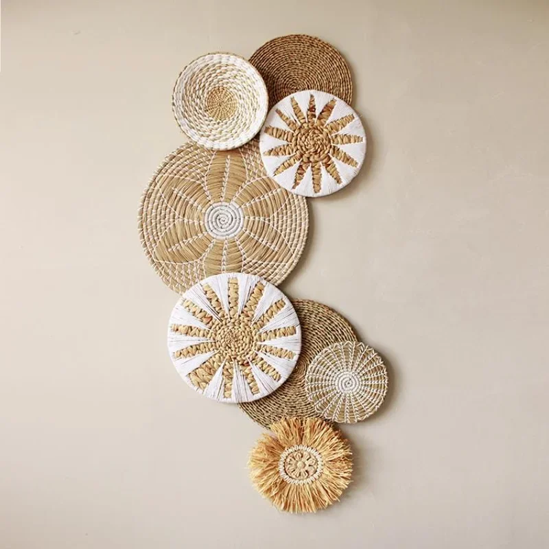 

Round rattan wall hanging wall decoration rattan grass woven background pendant log wind porch bedroom wall decoration