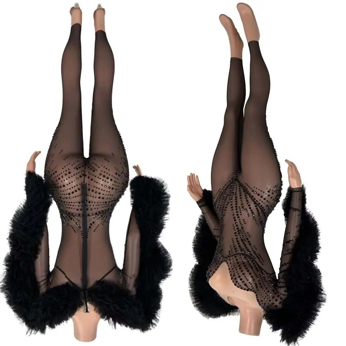 Sparkly Rhinestone Black See Through Mesh Tight Fitting Jumpsuit Party Women Sexy Pantyhose Drag Queen Performer Outfit Heishan