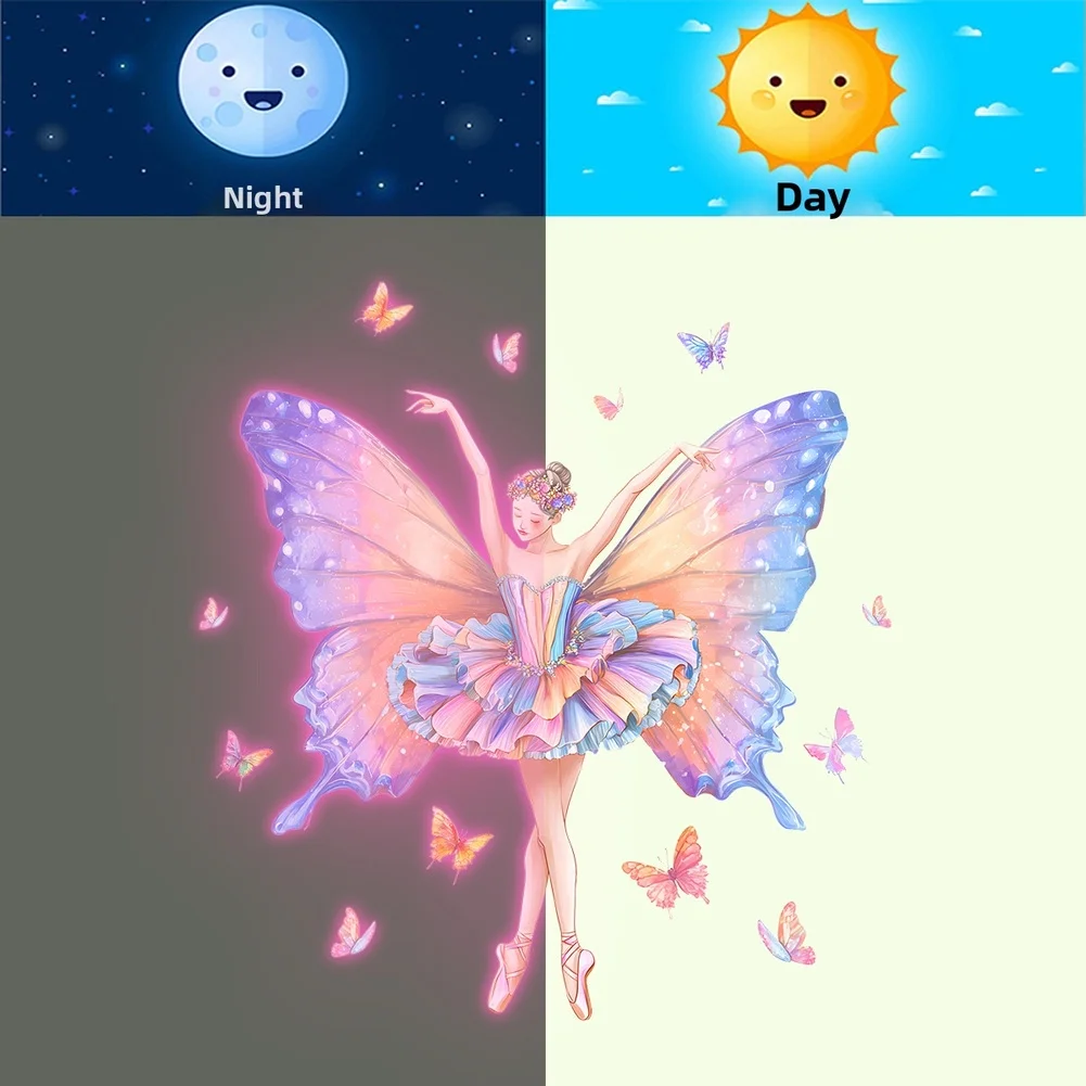 Fluorescent Ballet Fairy and Butterfly Wall Sticker for Girls Room Glow in the Dark Decal 14x15cm 15x15cm Green PVC