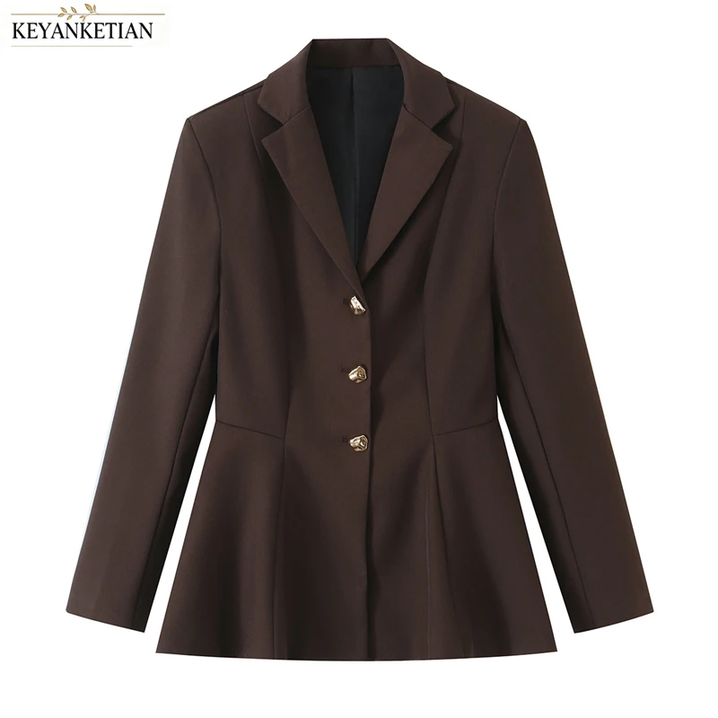 KEYANKETIAN 2026 Autumn Retro Chic Tailored Blazer for Women Lapel Neck Gold Irregular Buttons Fitted Waist Flared Hem Outerwear