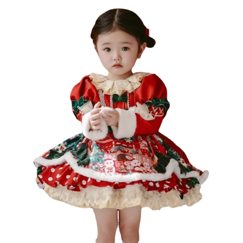 Winter Rabbit Plus Velvet Christmas Dress Lolita Princess Dress Baby Birthday Dress New Year Kids Clothes Flower Girl Dresses