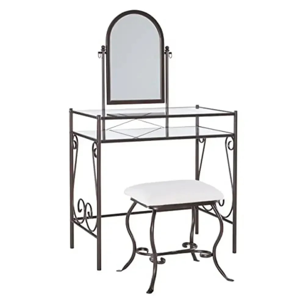 

%a Metal Vanity Set with Adjustable Mirror and Upholstered Stool Traditional Design Easy to Clean Glass Top 52.4" x 31.8" 18.