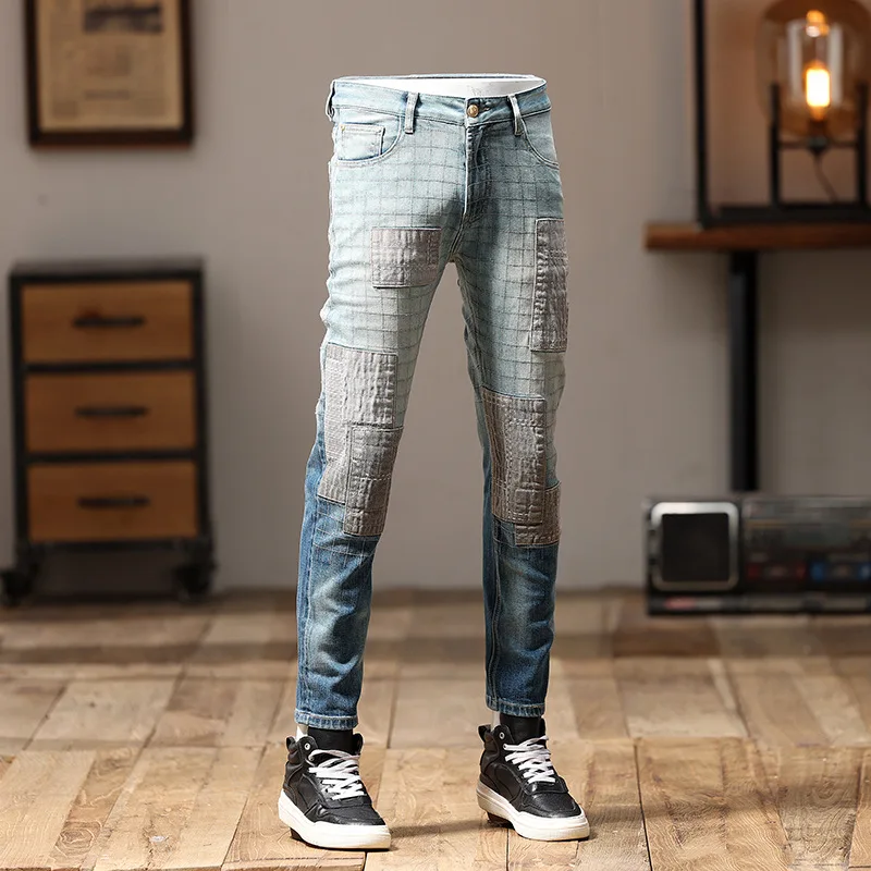Motorcycle Jeans Men's High-End Stitching Design Fashionable All-Match Patch Gradient Color Retro Fashion Haulage Motor Trousers