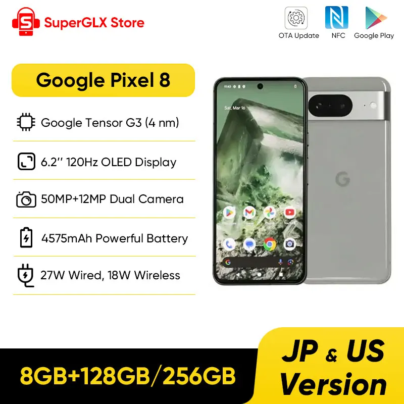 2023 New Original Google Pixel 8 5G Google Tensor G3 8GB RAM 128GB/256GB ROM With Advanced Pixel Camera - Obsidian, Hazel, Rose