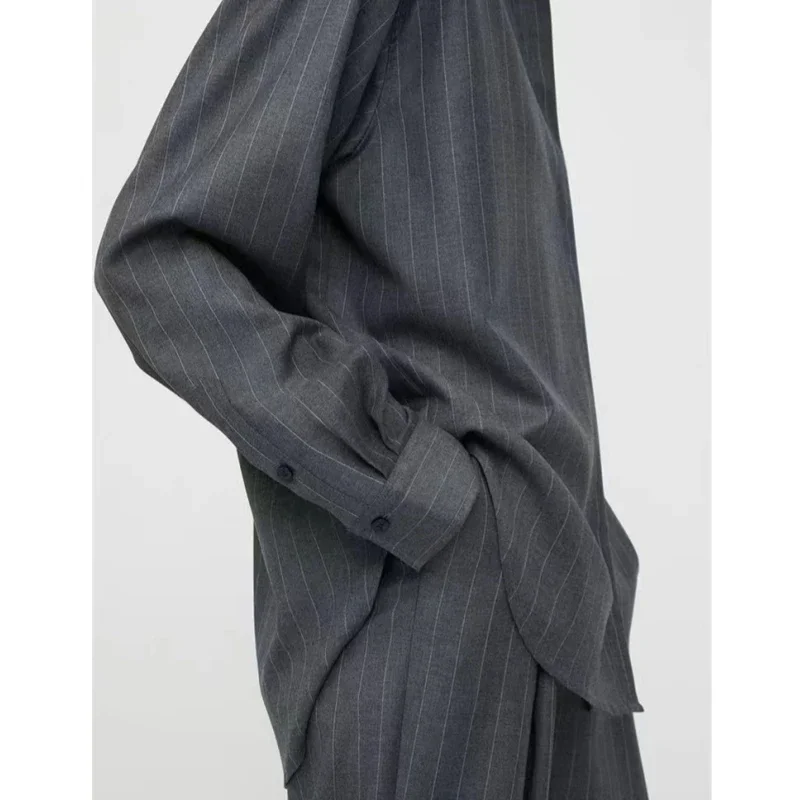 Pinstripe Deep Pleated Wool Shirt, Classic High-Grade Gray Commuter Style Top, Nordic Classic Version, Original 2024