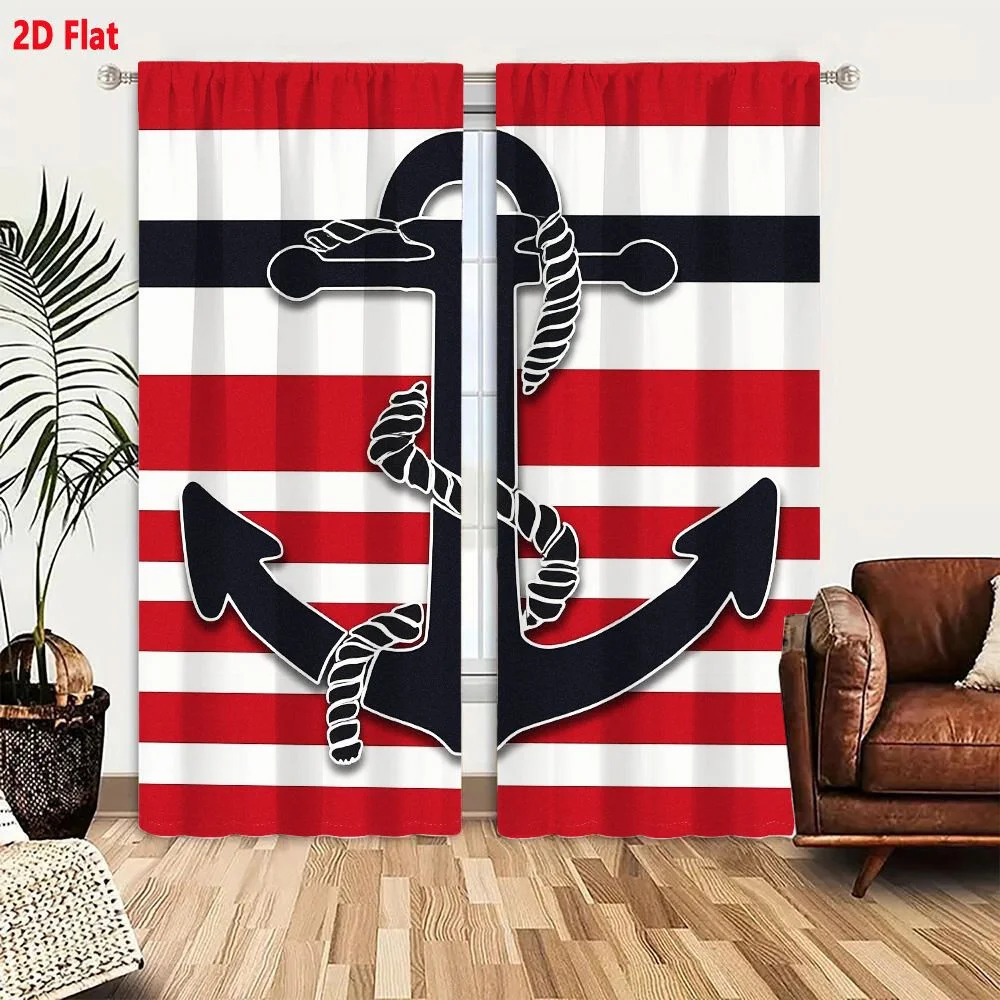 2Pcs Curtains 2D Flat Dark Blue Black Nautical Anchor With White Rope Wrapped Shank And Flukes On Horizontal Red White Stripes B