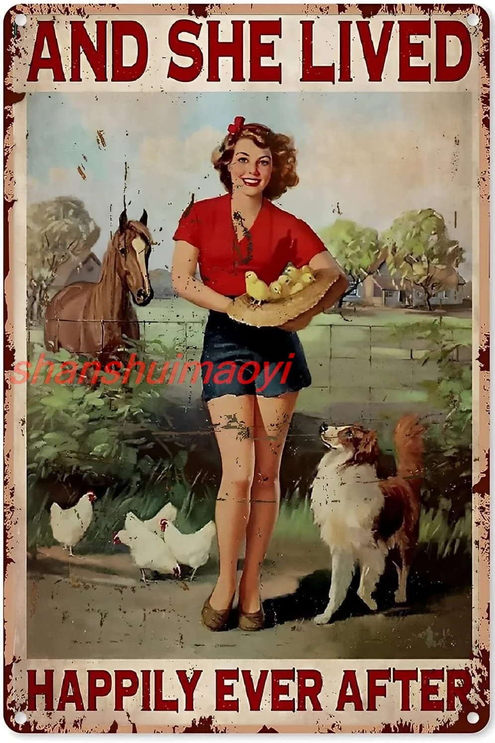 shan Lived Happily Ever After u2013 Girl and Chicken,Dog and Horse u2013 Girl Famer Retro Chicken Decor Vintage Style for 1pc