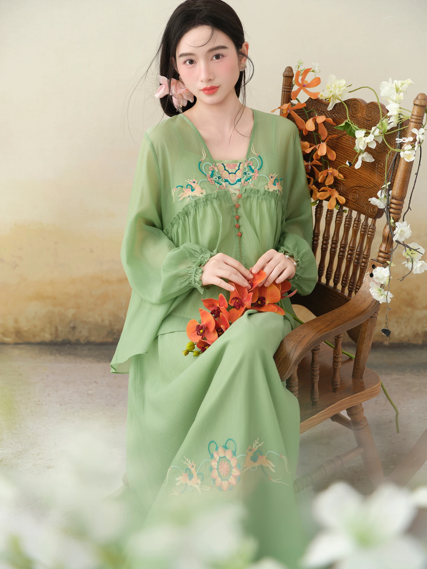 

Original Summer New Light Embroidered Loose Casual Fashion Three-piece Set for Women by Sorlu Floral Deer Mouth Flower Design