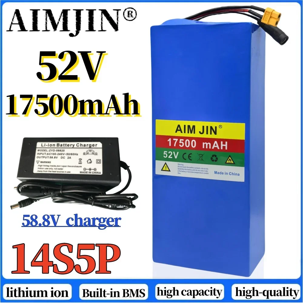 

14S5P 52V 17500mAh lithium battery pack, 1500W high-power Built-in BMS suitable for electric bicycles, scooters+58.8V 2A charger