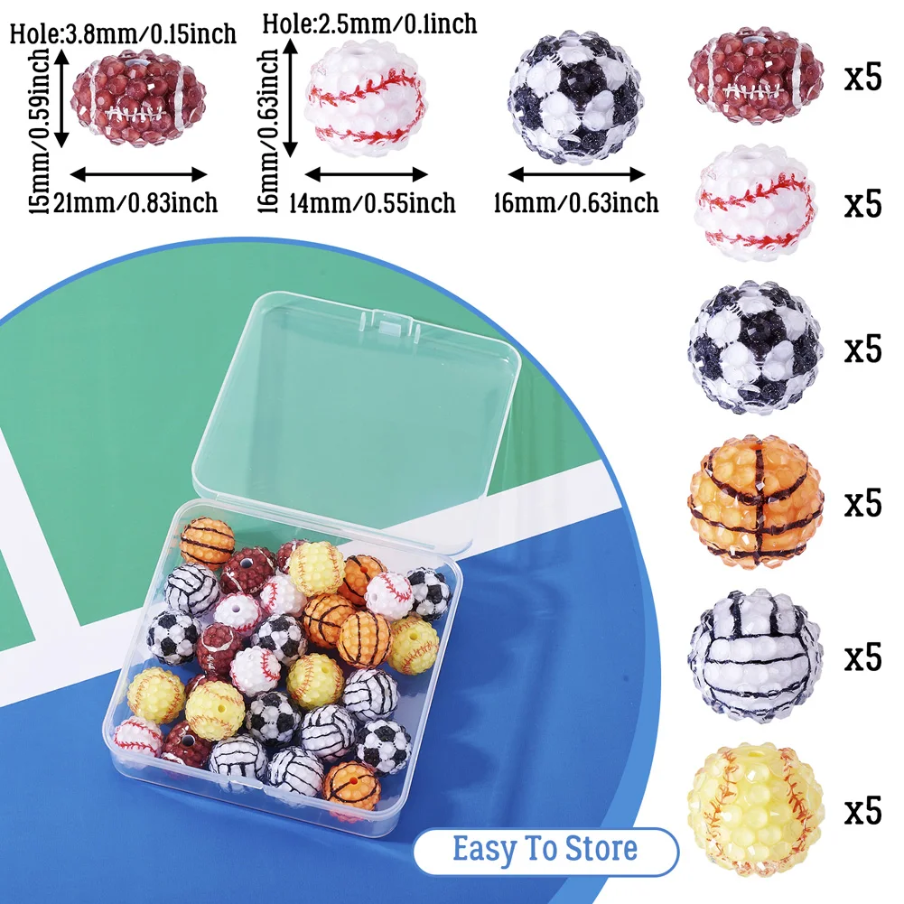 30pcs Opaque Resin Rhinestone Sport Ball Beads Baseball Rugby Football Loose Beads For Jewelry Making DIY Bracelet Pen