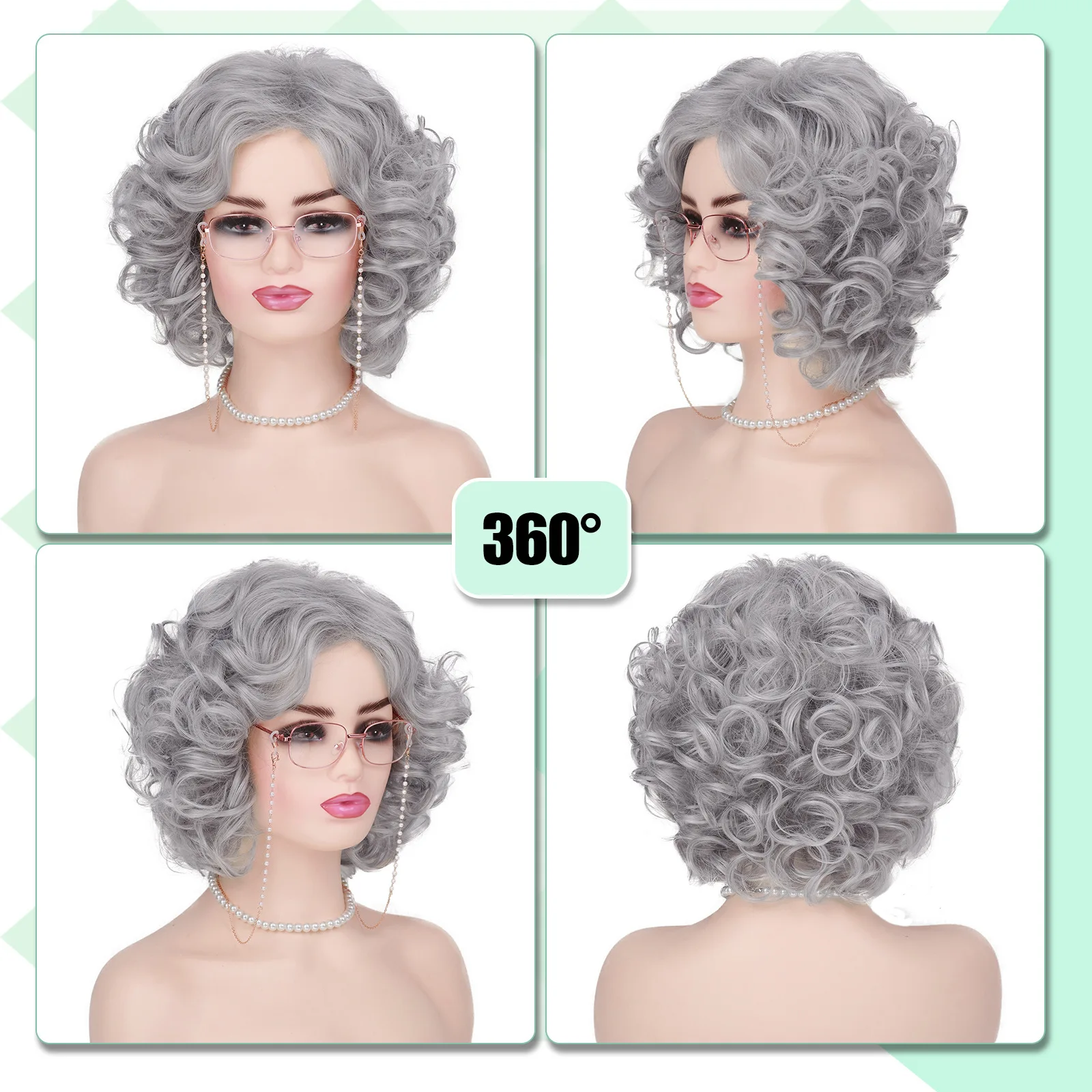 Wig dan Aksesori Kostum Wanita Tua untuk Wanita Wig Nenek Keriting Abu-abu Wig Nenek Sintetis untuk Cosplay Halloween 100 Hari