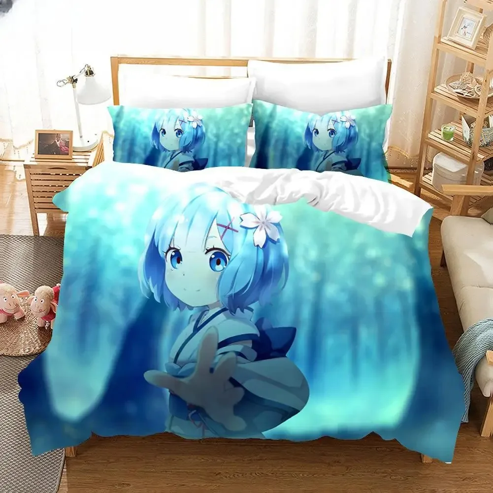 Juego de ropa de cama con estampado 3D de dibujos animados Rem Ram, vida en un mundo diferente desde cero, juegos de funda nórdica de Anime, edredón, ropa de cama para niños