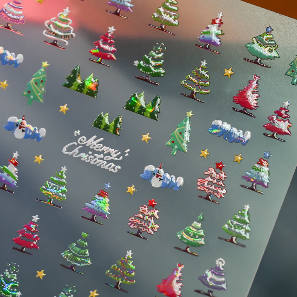 2Pcs 5D Shell Light Christmas Nail Sticker Cartoon Santa Claus Snowman Xmas Tree Bear Adhesive Decals Winter Manicure Sliders