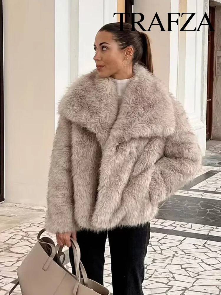 HH 여성용 가을 겨울 패션 크롭 인조 퍼 큰 라펠 재킷 여성용 숨겨진 버클 따뜻한 두꺼운 외투