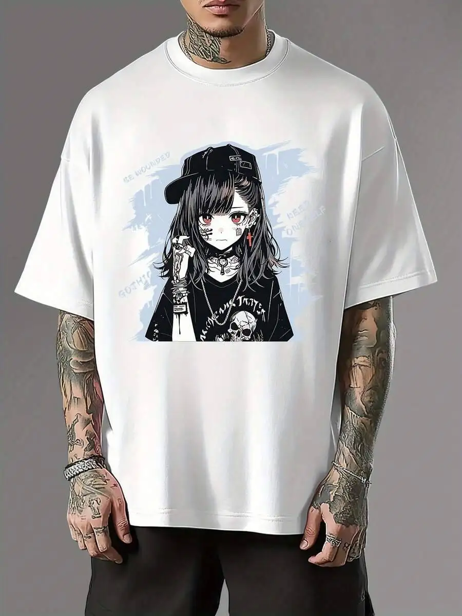 Punk Anime Girl Knitted Round Neck Men's All-Season Street Tee, Soft Cotton For Daily Casual Outfits 100% Cotton Trendy Y2K Short-Sleeve Tee-Soft, Quick-Drying, Moisture-Wicking;  Great Gift for Christmas or Halloween